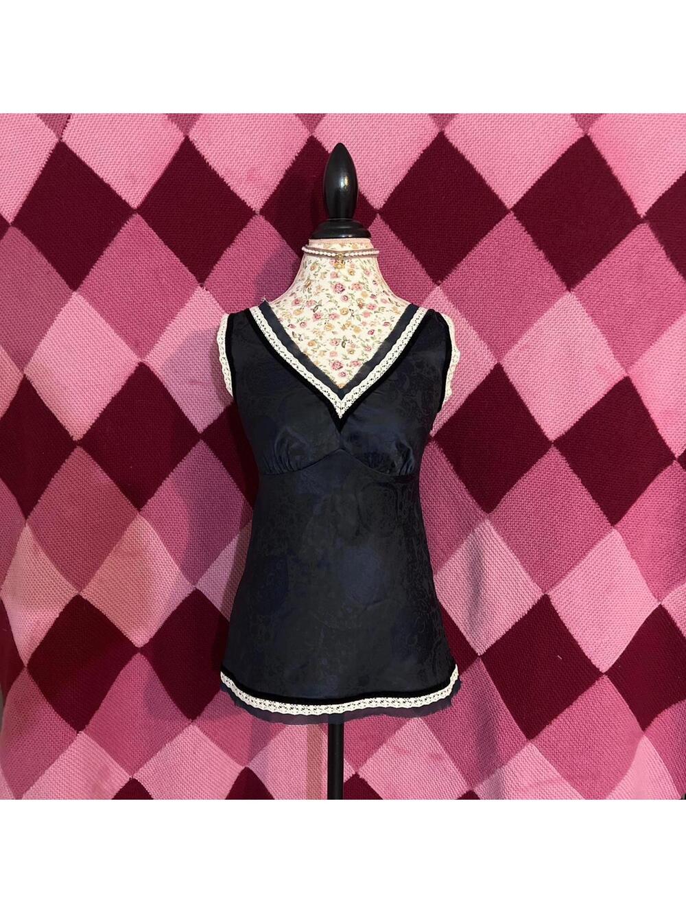 vintage silk navy top with lace velvet trim
